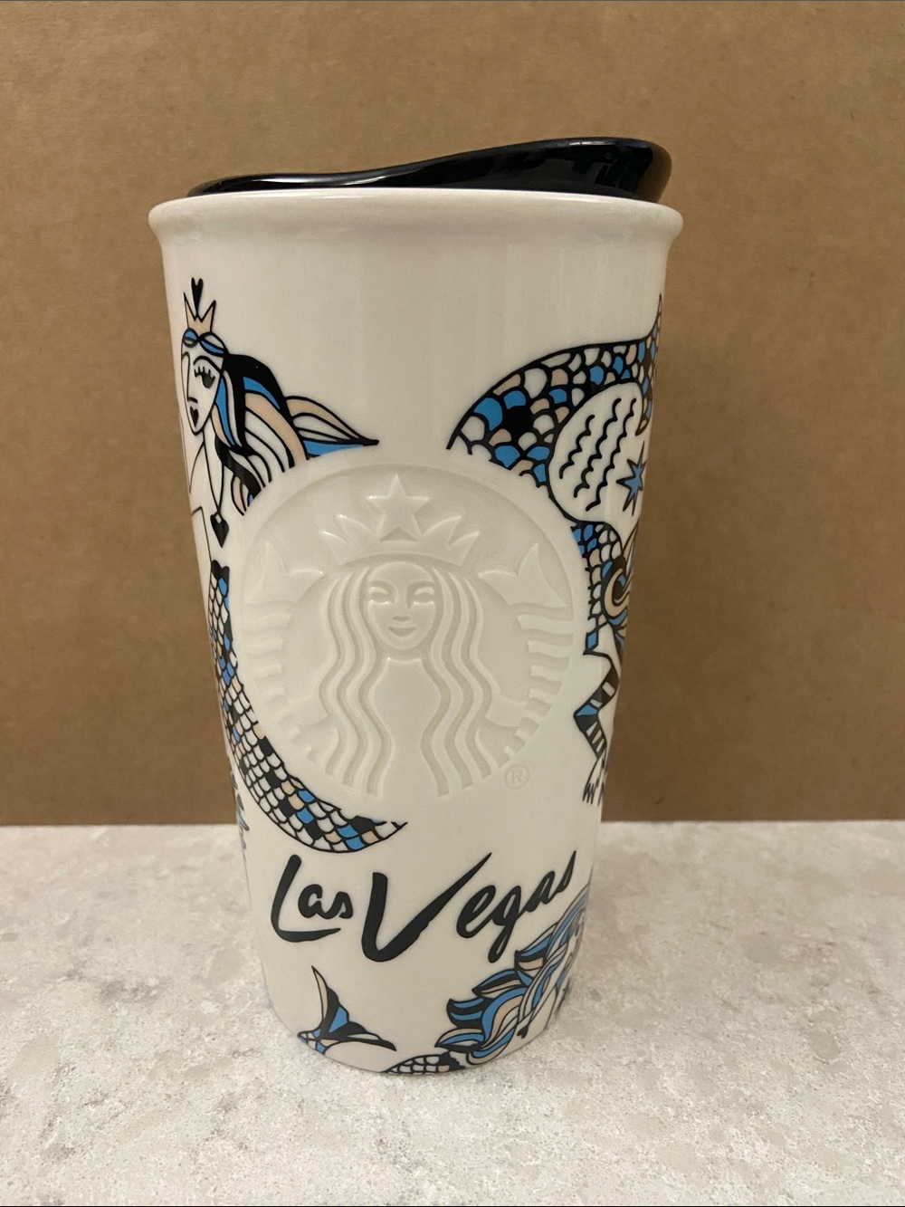 Starbucks White Ceramic Las Vegas Travel Mug with Blue & Black Mermaids. New!